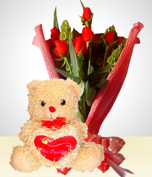 Flores a Per Combo Romance: Bouquet de 6 rosas +Peluche