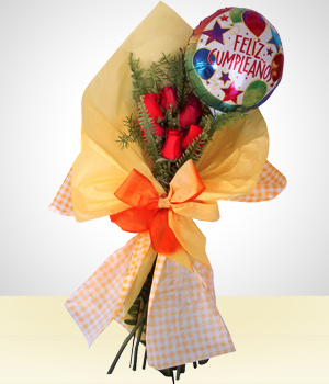 Flores a Per Detalle de Cumpleaos: Bouquet 6 Rosas con Globo Feliz Cumpleaos